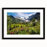 Extra large abstract art print of French Alps in vibrant colors on textured canvas, framed in black.