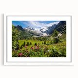 Abstract art print of the French Alps in muted gray and white tones, framed with a white mat, ideal for dining room decor.
