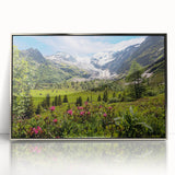 Large art print of the French Alps in muted earth tones on a framed acrylic, suitable for modern nursery wall decor.