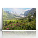 Mid-century modernist art of the French Alps in muted earth tones on a framed acrylic, ideal for modern art wall decor.