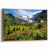Framed canvas depicting a vintage-style landscape of the French Alps in muted gold and black tones.