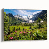Landscape art painting of the French Alps in vibrant colors on a framed canvas, ideal for living room decor.