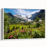 Vintage poster art of the French Alps, featuring vibrant greens and blues on a large framed canvas.