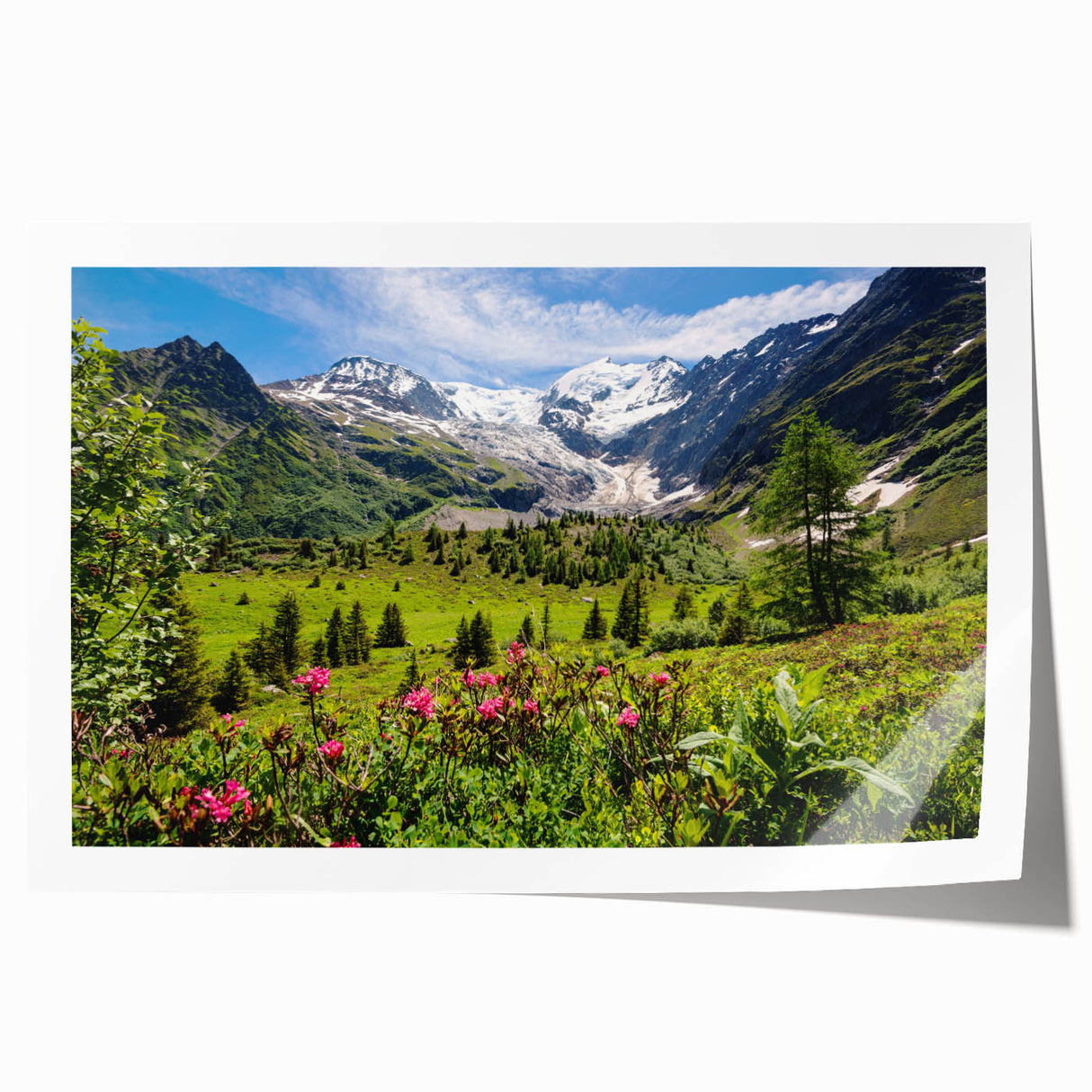 French Alps landscape on rolled print with vivid green and blue tones, suitable for dining room wall art.