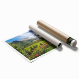 Rolled print of the French Alps in muted earth tones, ideal for classy bathroom wall art or large living room decor.