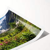 Extra large wall art featuring line art flowers set against the French Alps, in muted green and white tones.