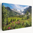 Panoramic view of the French Alps on a large stretched canvas, featuring muted earth tones, ideal for kitchen wall art.