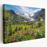 Panoramic view of the French Alps on a large stretched canvas, featuring muted earth tones, ideal for kitchen wall art.