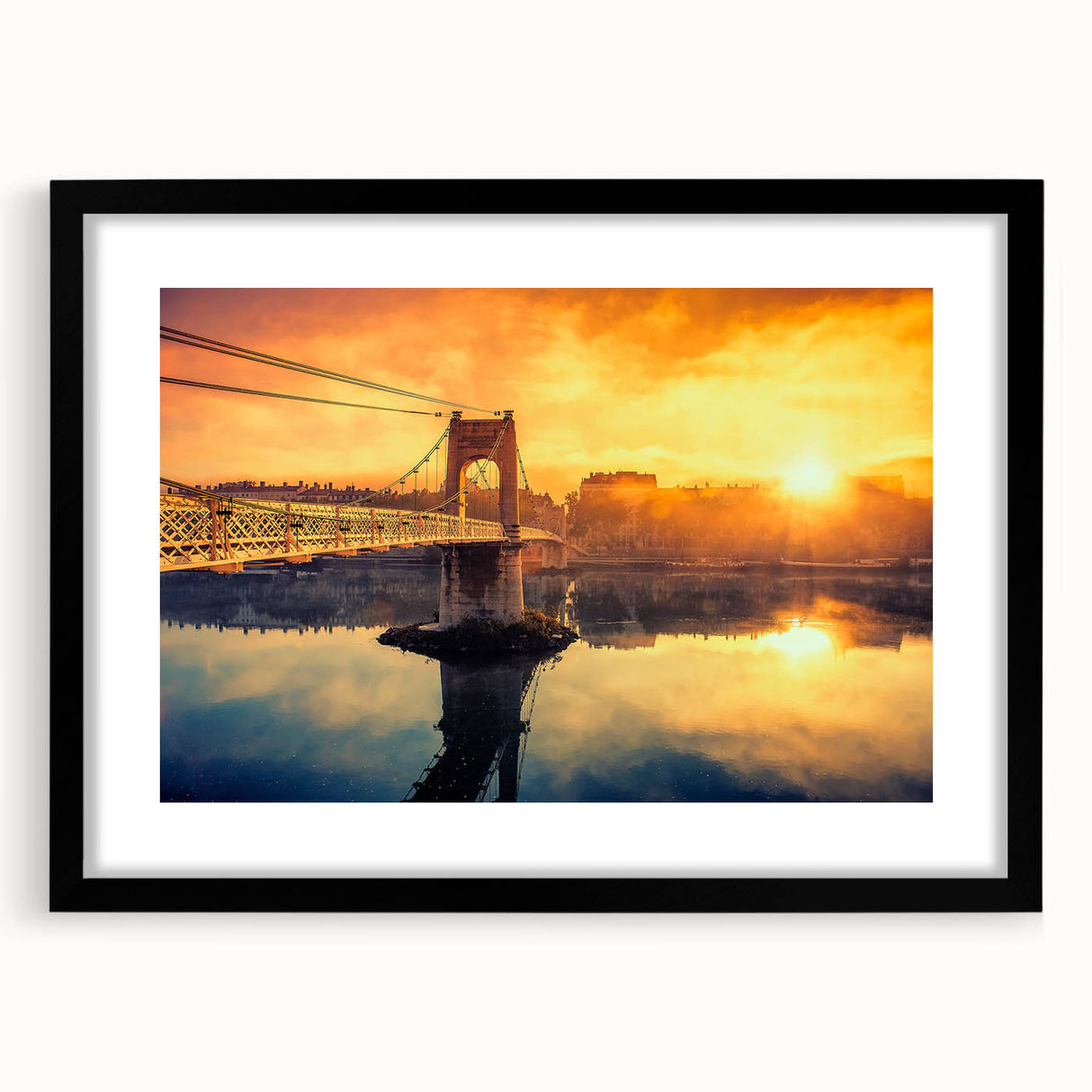 Abstract art print of Lyon featuring a textured mix of vibrant colors, framed in black, ideal for living room decor.