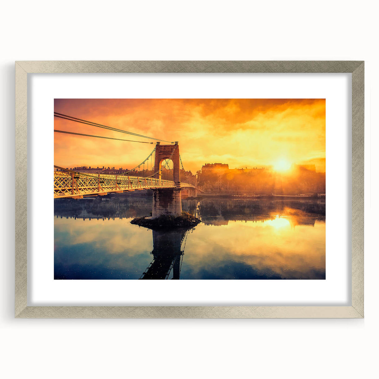 Extra large abstract art print of Lyon scenery in textured silver frame, ideal for living room decor.