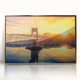 Art Deco poster of Lyon scenery with muted gold and blue tones on framed acrylic, suited for modern art wall decor.