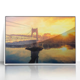 Mid-century modernist art of Lyon cityscape in muted pastel colors on a framed acrylic, ideal for nursery wall art.