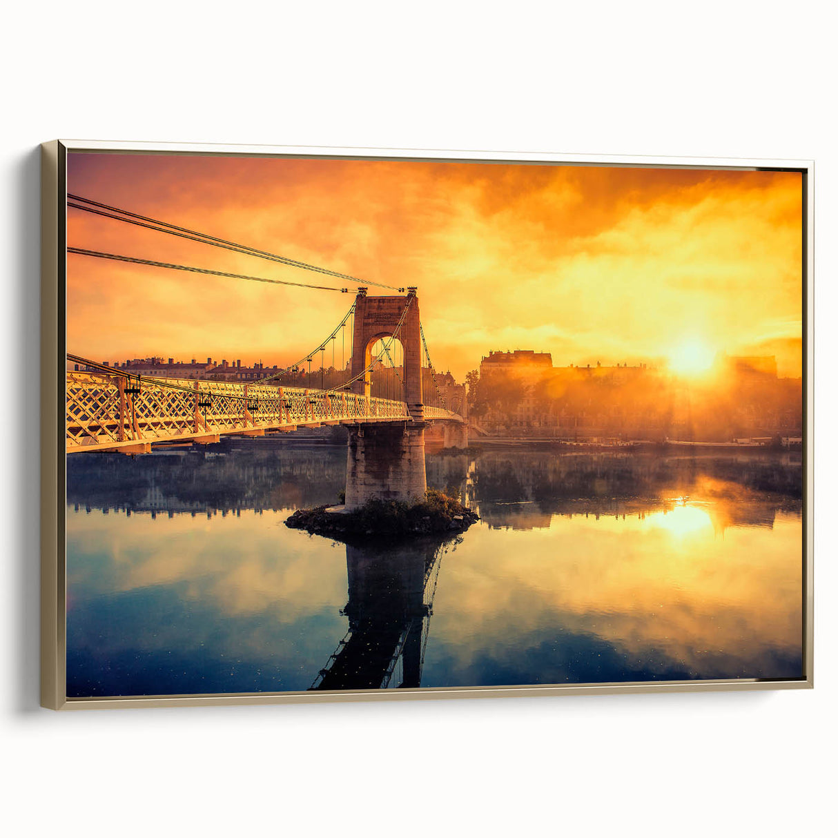 Framed canvas wall art depicting a vintage-style landscape of Lyon, France in muted black and gold tones.