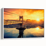 Vintage poster art of Lyon, France in vibrant colors on a large framed canvas, ideal for living room decor.