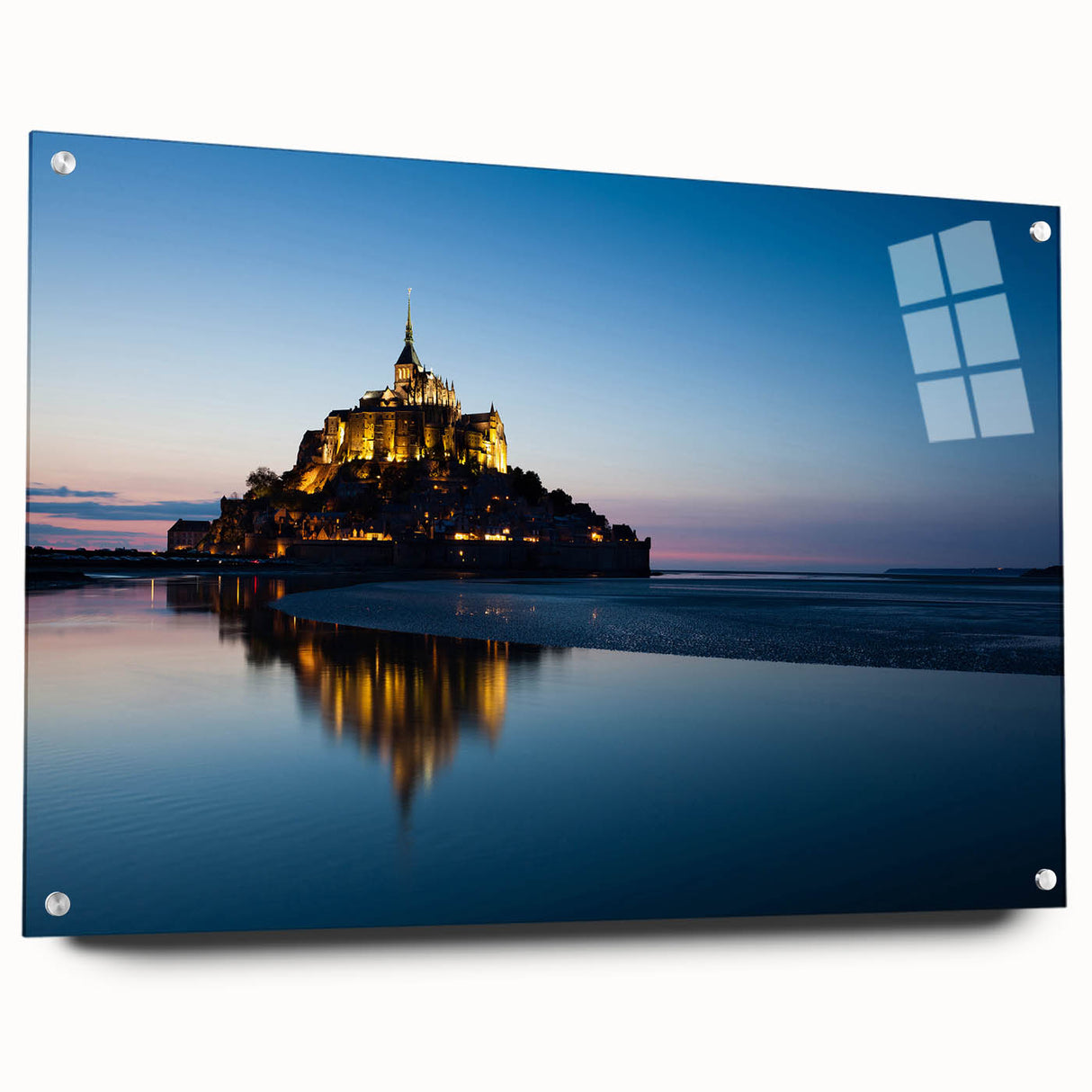 Acrylic print of a serene French landscape in muted greens and blues, ideal for dining room decor.