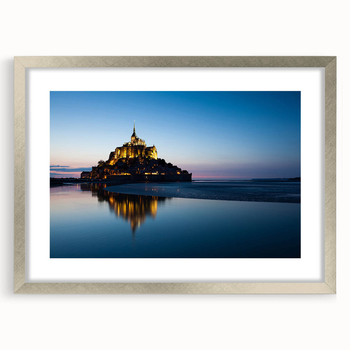 Extra large abstract art print of a textured European scenery in muted earth tones, framed in silver.