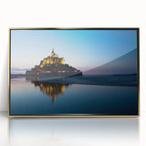 Art Deco poster of a scenic French landscape in muted gold and blue tones, acrylic framed.