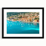 Extra large abstract art print of a colorful, textured scenery in Nice, France, framed in black, ideal for living room decor.