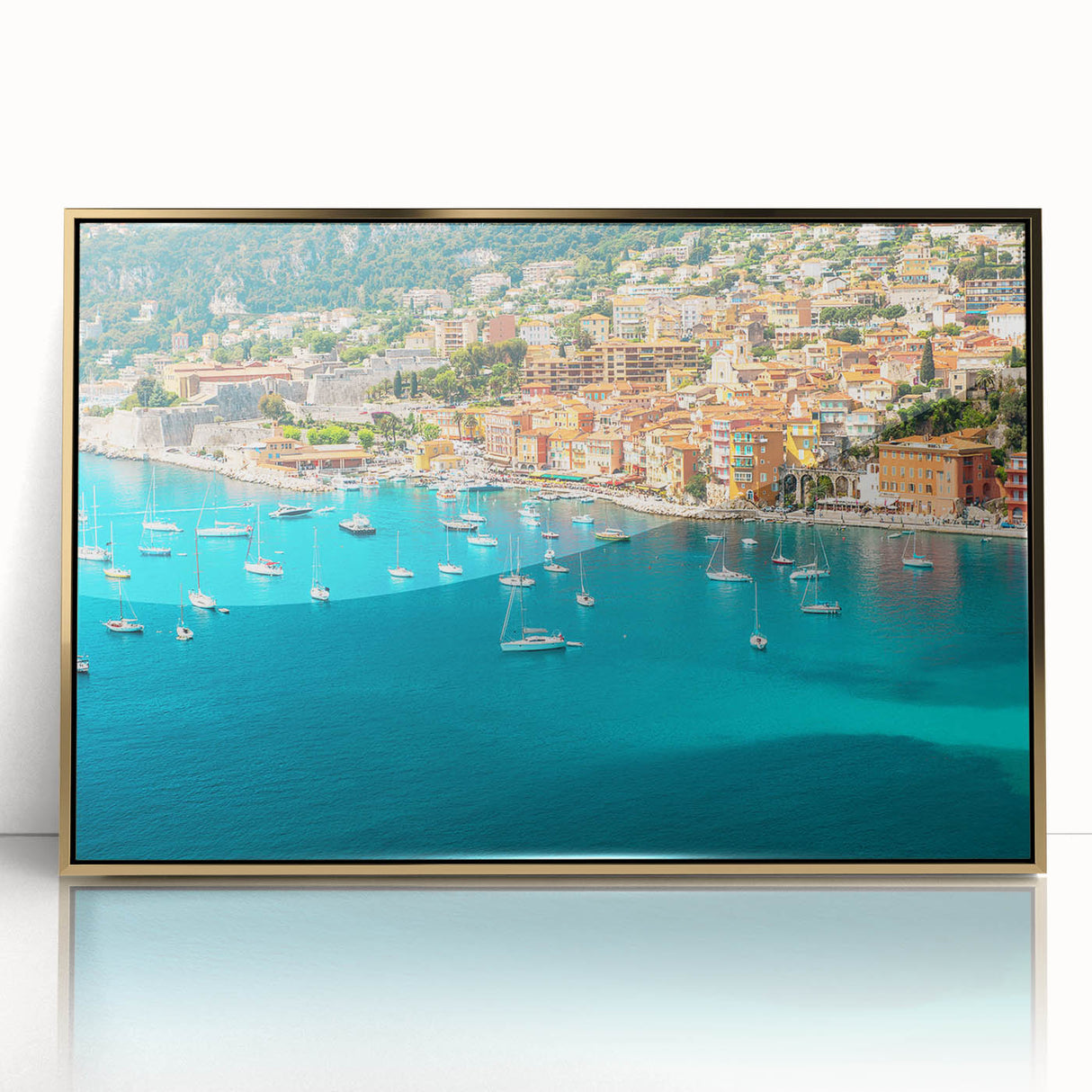 Art deco poster of Nice, France in muted gold and blue tones on framed acrylic, ideal for modern art wall decor.