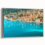 Landscape art painting of Nice, France, featuring colorful vintage poster art on a framed canvas.