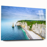 Large abstract wall art of Normandy scenery in muted blue and green tones on acrylic glass.