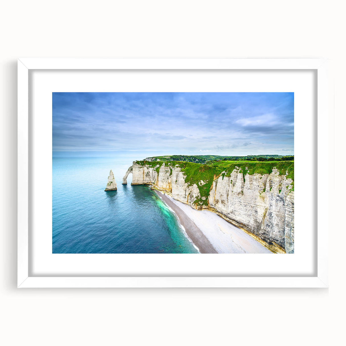 Textured abstract art print of Normandy scenery in muted earth tones, framed with a white mat, suitable for bedroom decor.