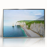 Large art print of a serene Normandy landscape in mid-century modernist style, framed in silver acrylic.