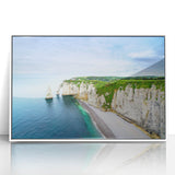 Mid-century modernist art depicting Normandy landscape in muted tones on a framed acrylic, suitable for nursery wall art.