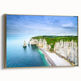 Framed canvas featuring a vintage-style landscape painting of Normandy, with muted earth tones, ideal for bedroom wall art.