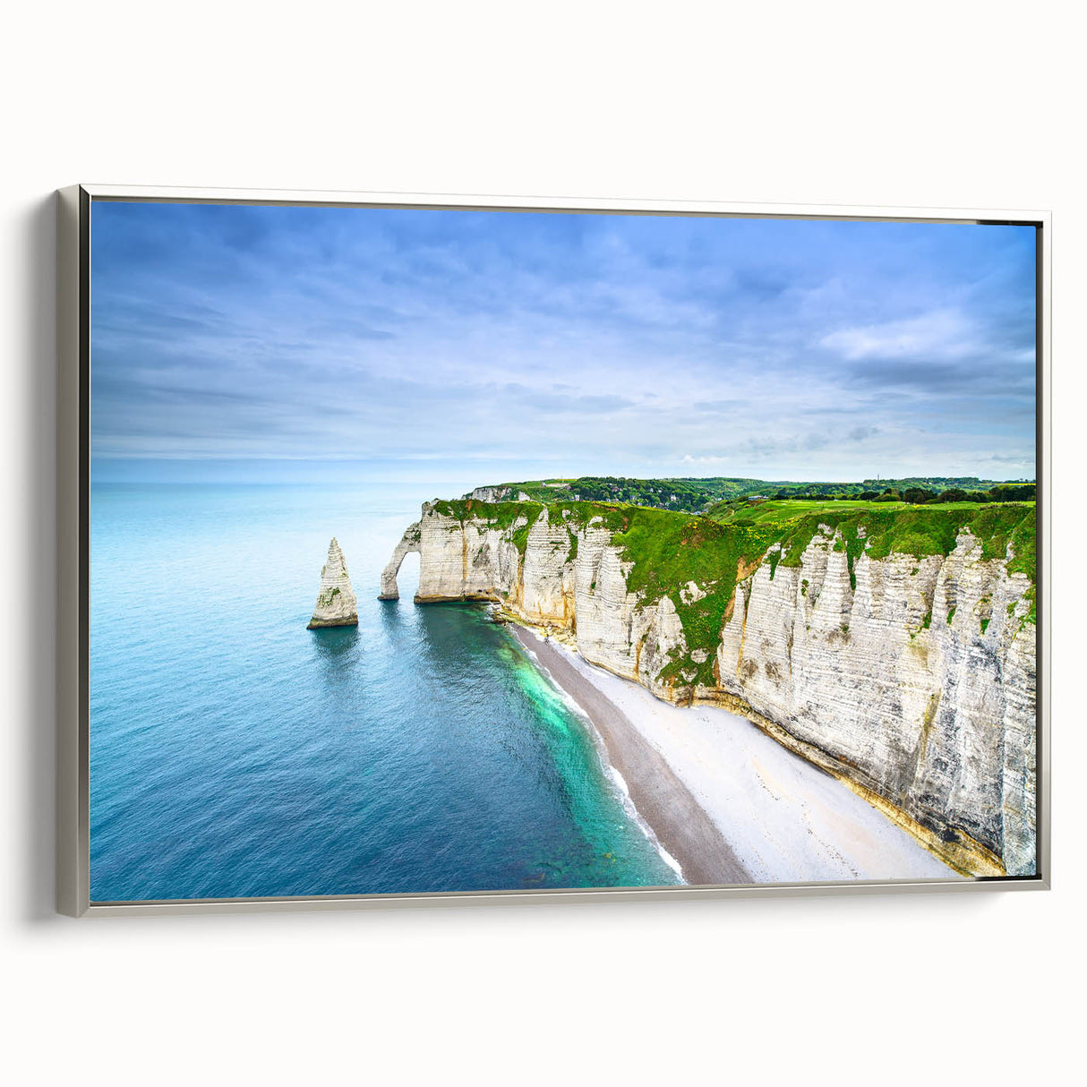 Landscape art painting of Normandy, France, in muted colors on a framed canvas, ideal for living room decor.