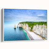 Vintage poster art of a Normandy, France scenery in vibrant colors on a white-framed canvas, ideal for living room decor.