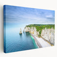 Side view of a stretched canvas featuring a serene Normandy landscape in muted green and blue tones.