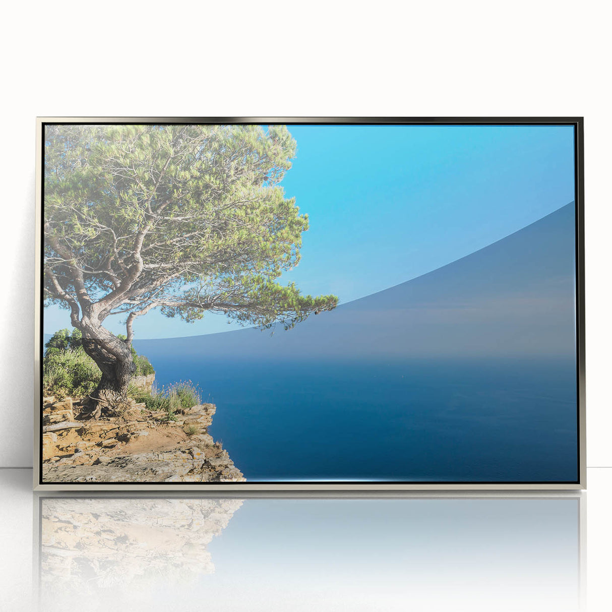 Large art print of a Provence landscape in muted earth tones on a silver-framed acrylic, ideal for modern art wall decor.