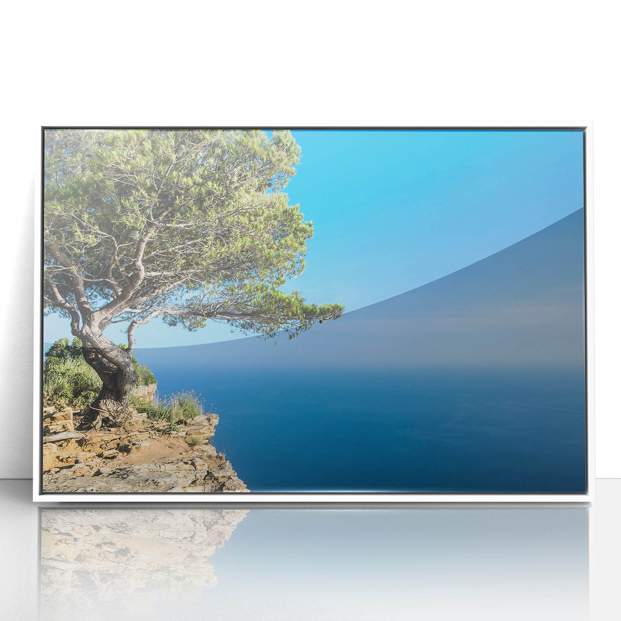 Mid-century modernist art depicting a serene Provence landscape in muted earth tones, acrylic print framed in white.