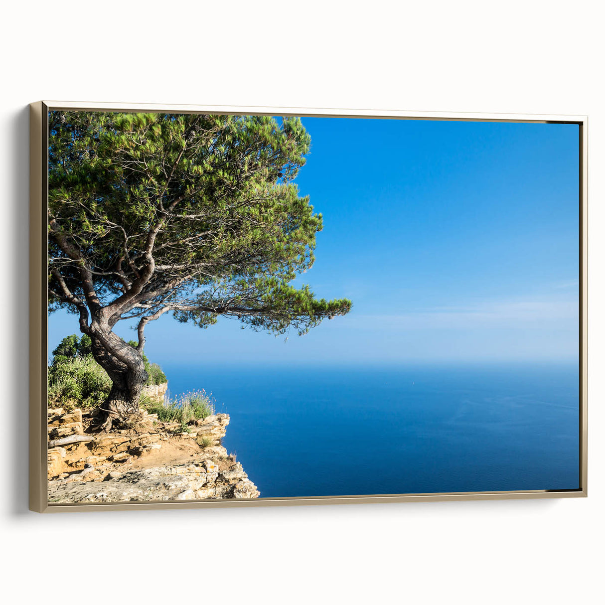 Framed canvas depicting a vintage-style Provence landscape in muted earth tones, ideal for bedroom wall art.