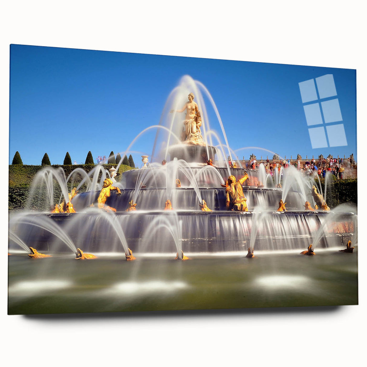 Large abstract print of Versailles scenery in muted earth tones on acrylic glass, suitable for bedroom or dining room decor.