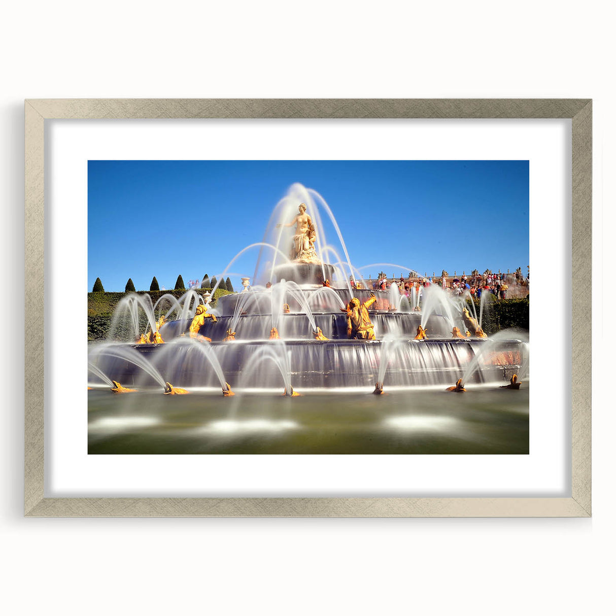 Extra large abstract art print of Versailles scenery in textured silver frame, ideal for living room decor.