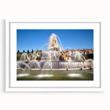 Textured art of Versailles garden in muted green and earth tones, framed in white, ideal for bedroom art.