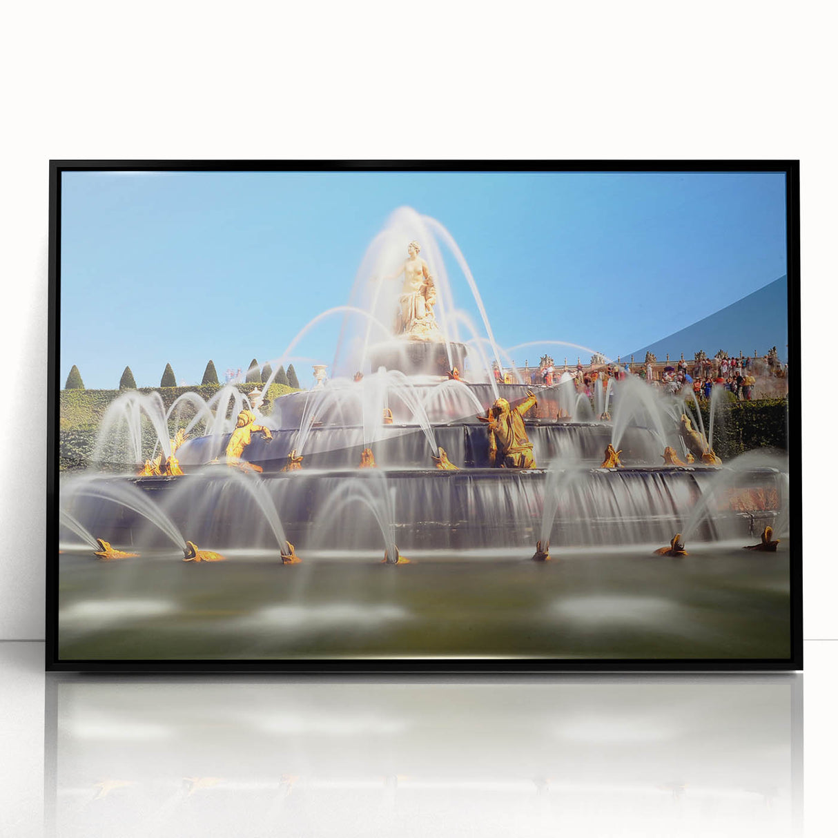 Large abstract wall art depicting the Versailles scenery in muted tones on a framed acrylic.