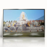 Large acrylic print of the Versailles gardens in muted green and blue tones, framed in silver.