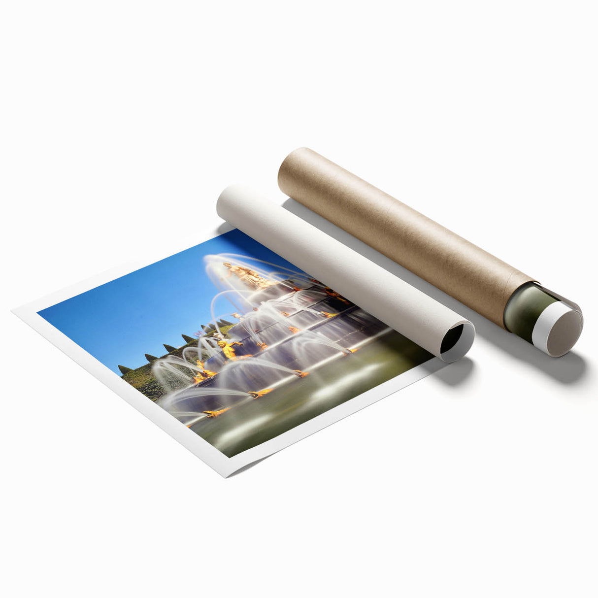Extra large rolled print of Versailles gardens in muted green and blue tones.