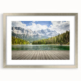 Extra large abstract art print of Bavarian scenery in muted colors, framed in silver, ideal for living room decor.