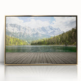 Acrylic print of a Bavarian landscape in muted greens and blues, framed in gold, suitable for modern art wall decor.
