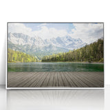 Mid-century modernist art depicting Bavarian scenery in muted colors on a white-framed acrylic print.