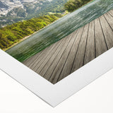 Art deco poster of Bavarian landscape in muted green and blue tones on rolled canvas, suitable for dining room decor.