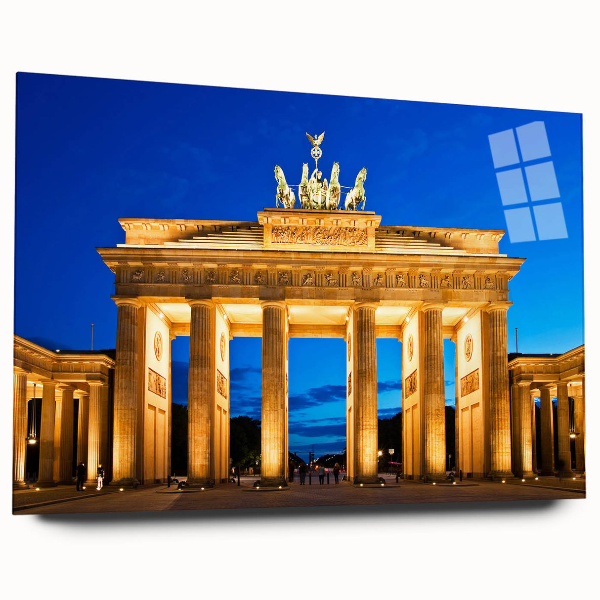 Large abstract depiction of Berlin skyline in muted blue and gray on acrylic glass, ideal for bedroom or dining room decor.