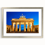Extra large abstract art print of Berlin scenery in muted gray and blue tones, framed with a silver mat.