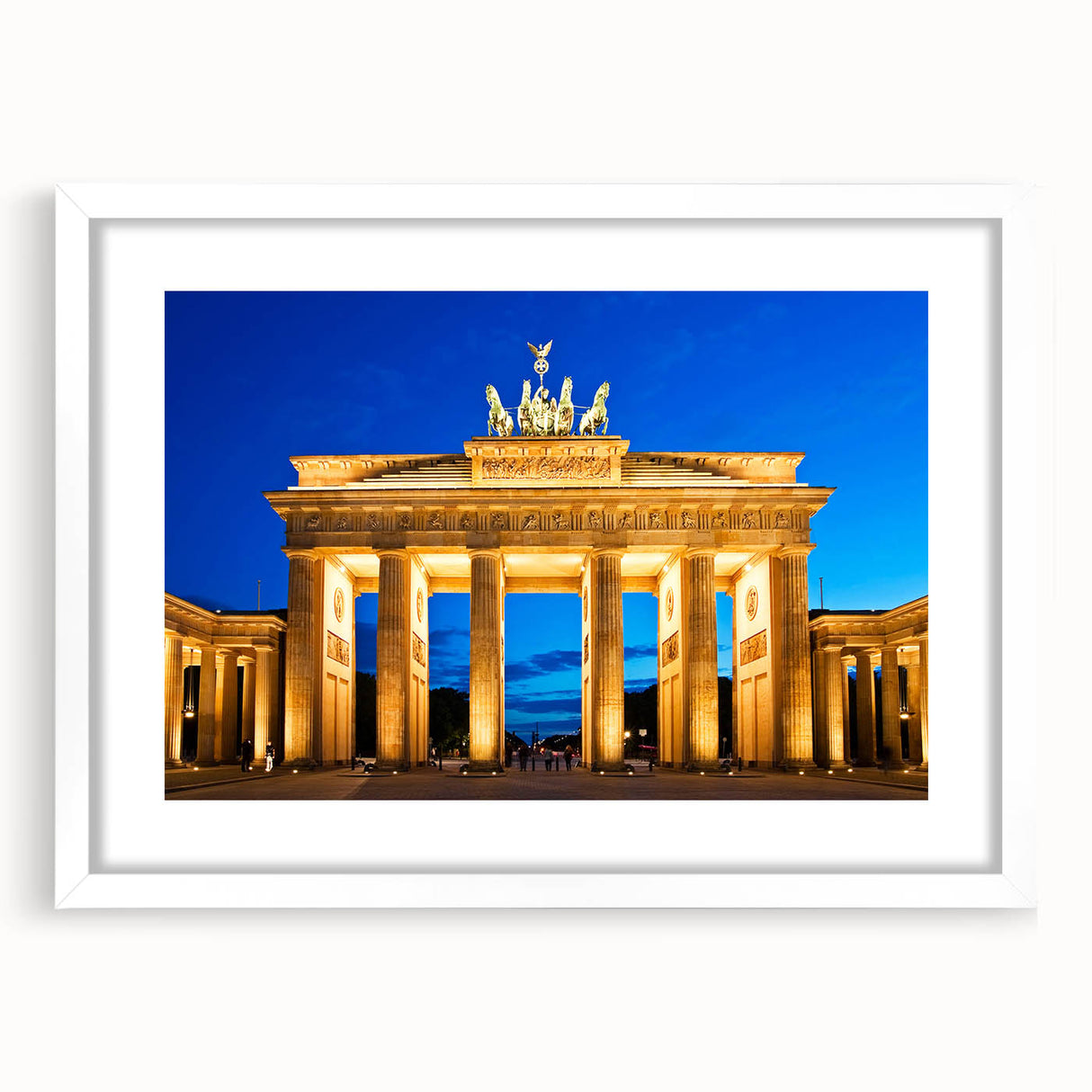 Textured abstract art print of Berlin scenery in muted grays and blues, framed with a white mat, ideal for bedroom art.