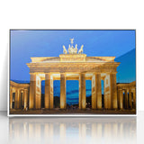 Mid-century modernist art of Berlin skyline in muted blue and gray tones on a framed acrylic.