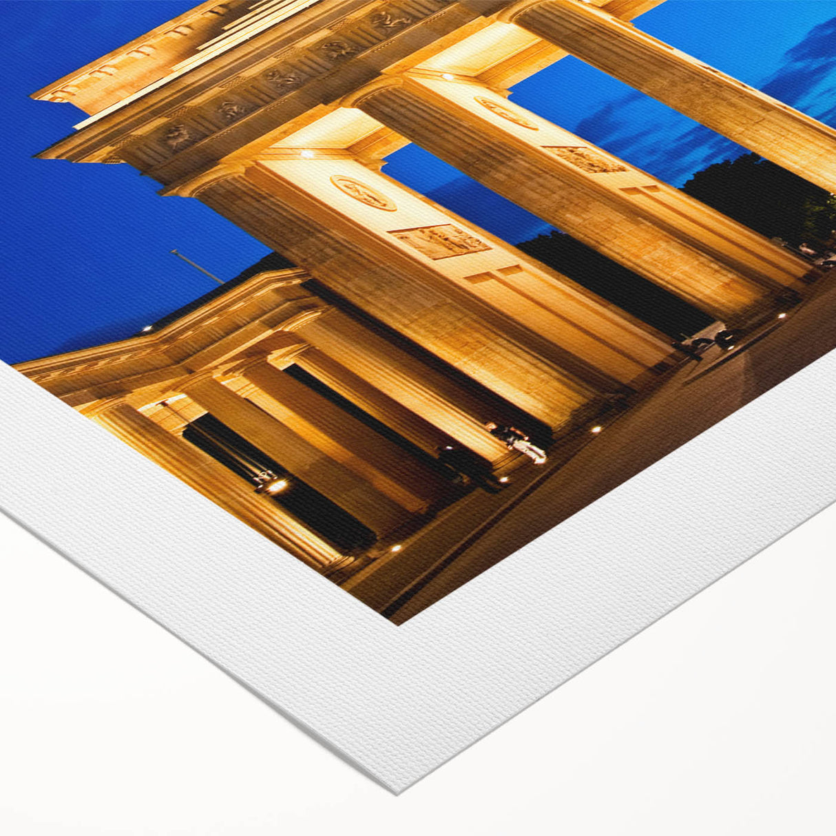 Art deco poster of Berlin skyline in muted gray and blue tones on rolled canvas, suitable for dining room wall art.